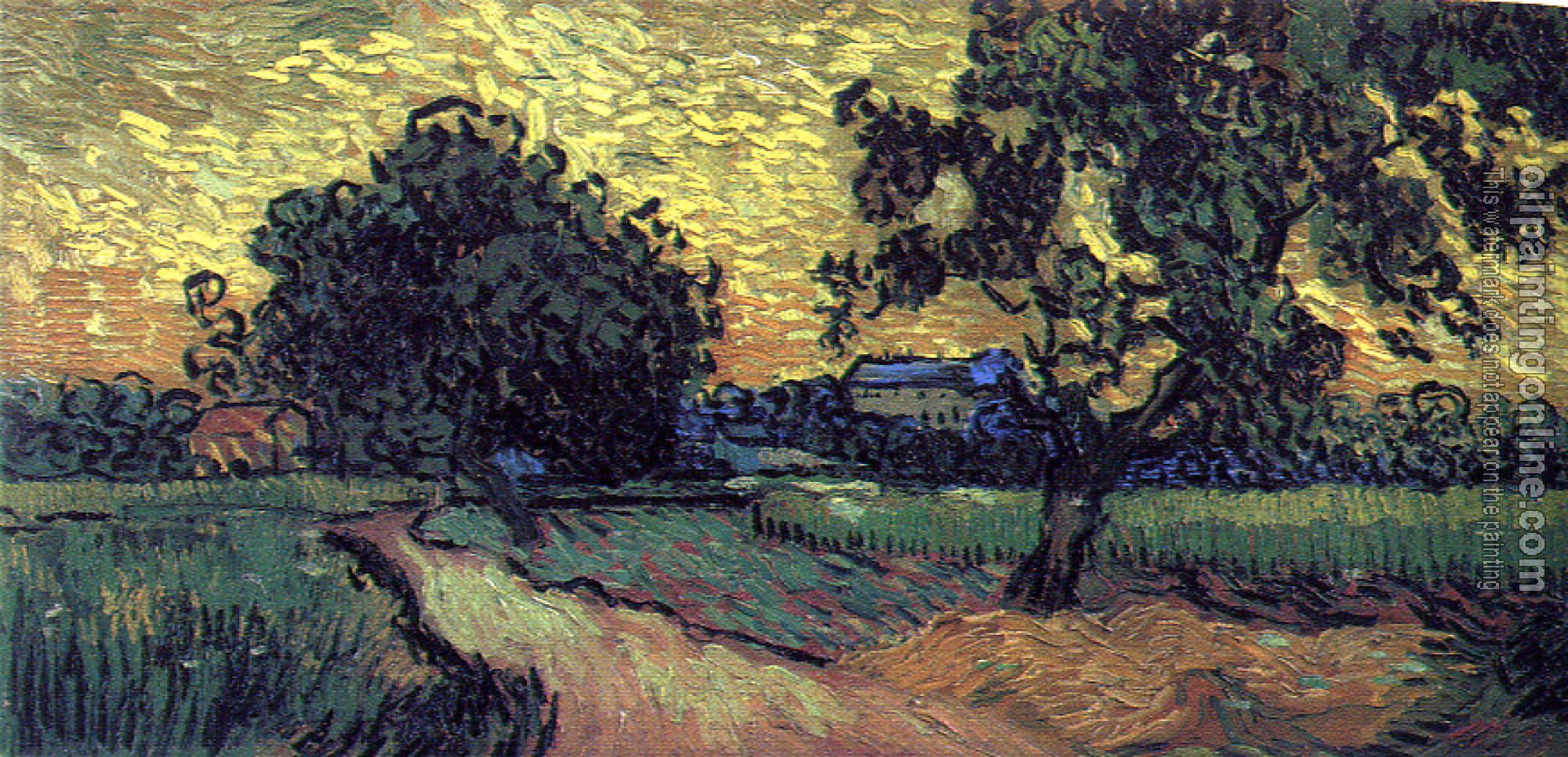 Gogh, Vincent van - Field with Trees and the Chateau of Auvers at Sunset